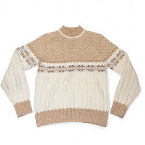 Vtg Jantzen Sweater Women’s Size M Tan Cream Fair Isle Cable Knit Made in USA